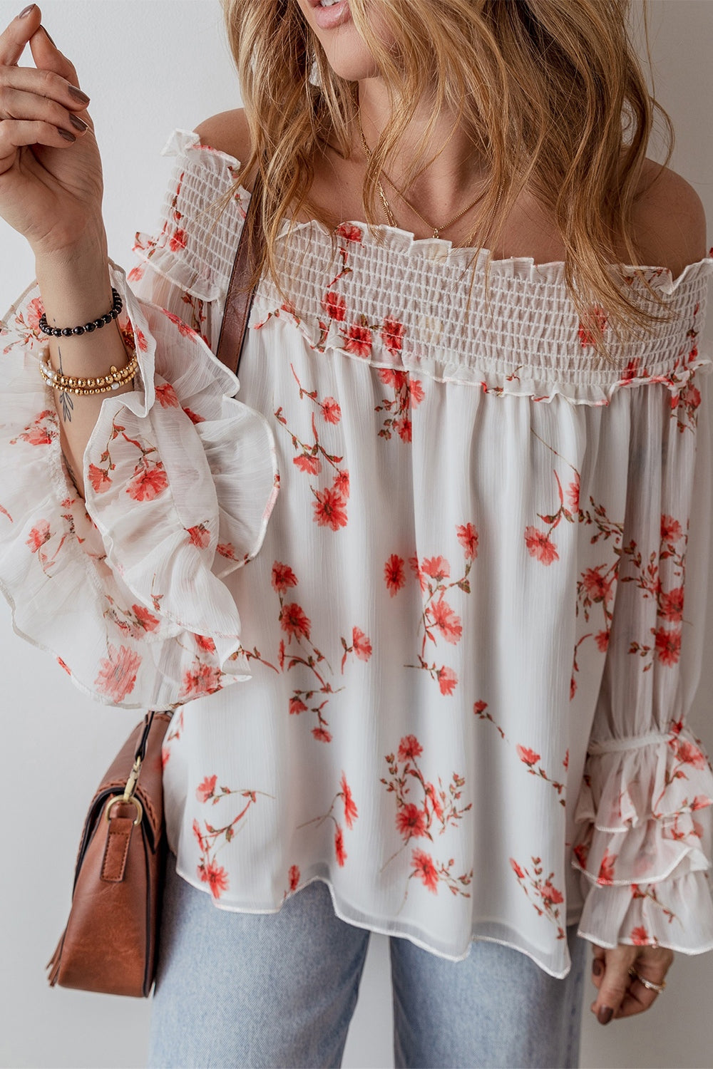 Outfit Flow - Smocked Floral Off-Shoulder Flounce Sleeve Blouse