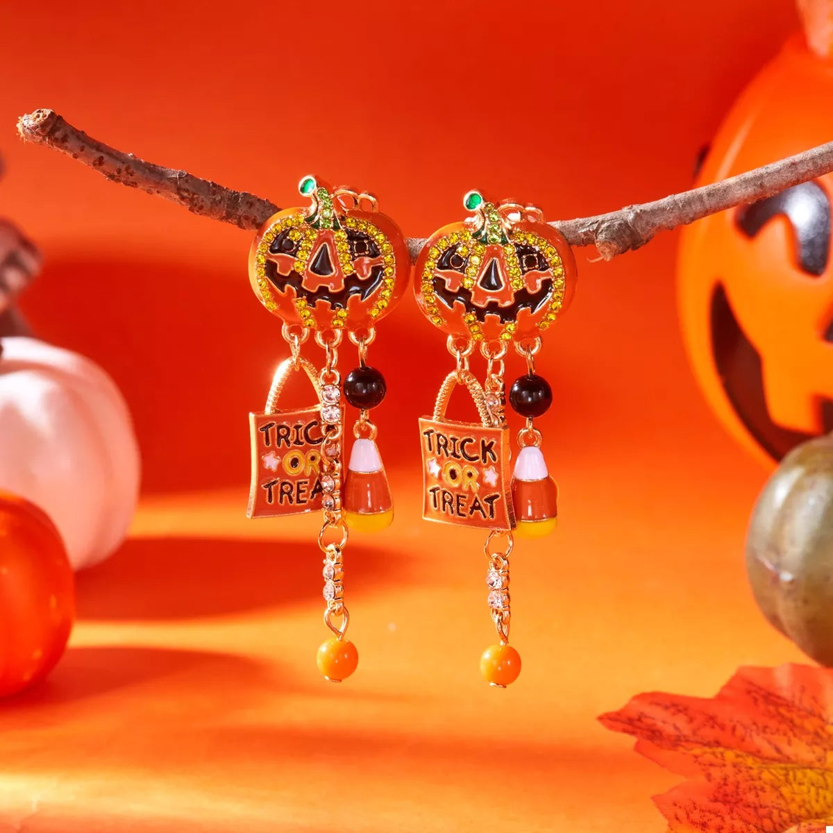 Halloween Rhinestone Pumpkin Drop Earrings OutfitFlow
