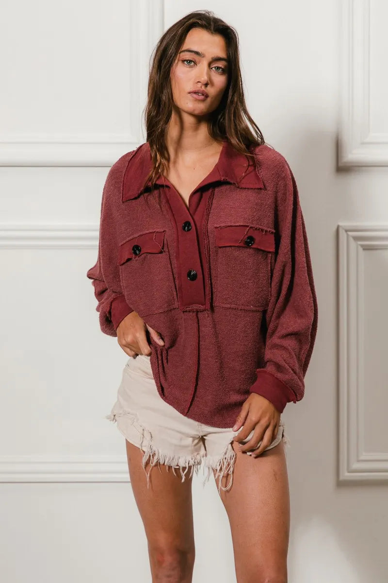 BiBi Cp French Terry Cut Edge Detail Collared Top OutfitFlow