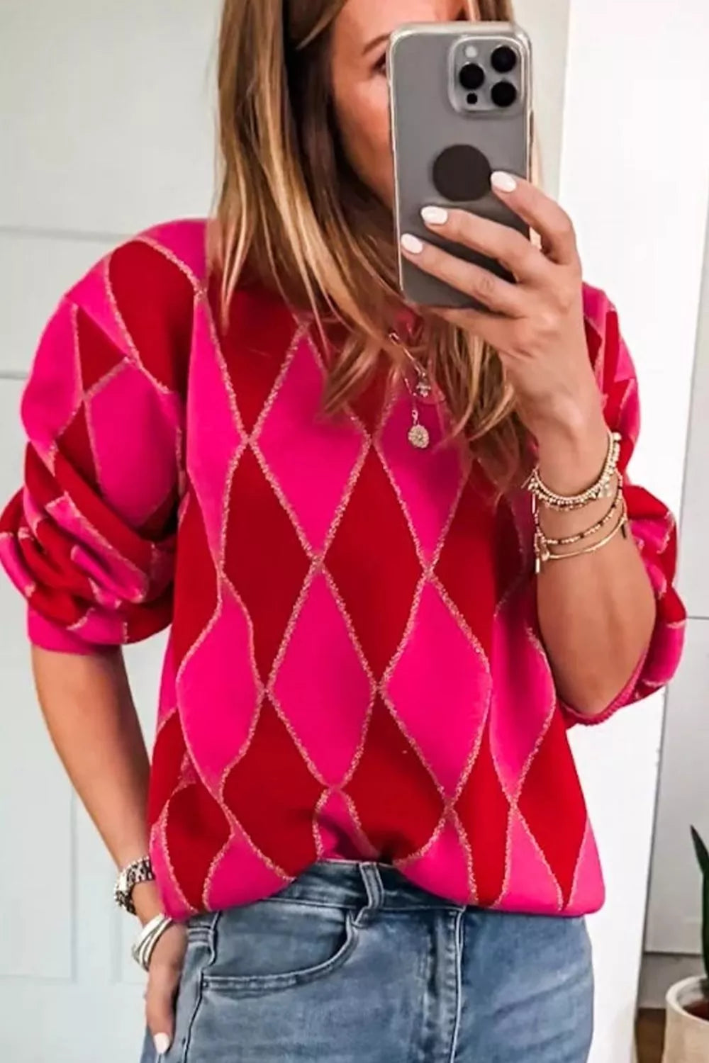 Argyle Pattern Long Sleeve Sweater OutfitFlow