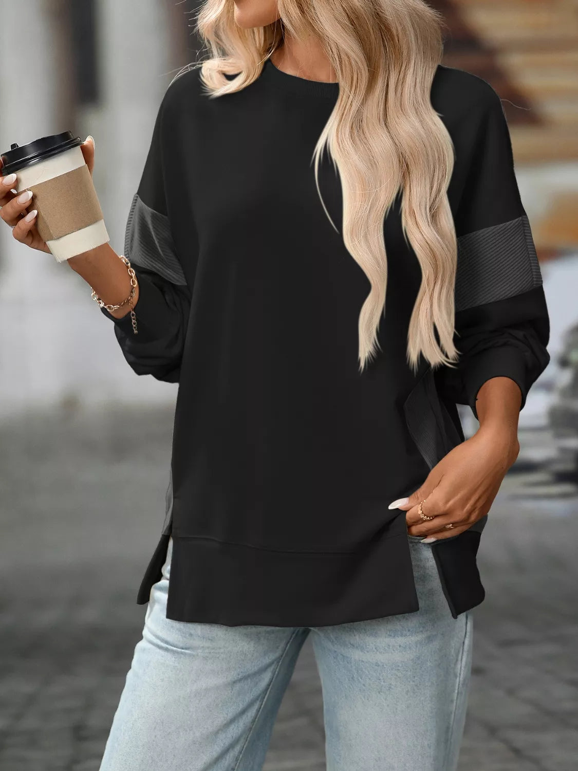 Side Slit Round Neck Sweatshirt OutfitFlow