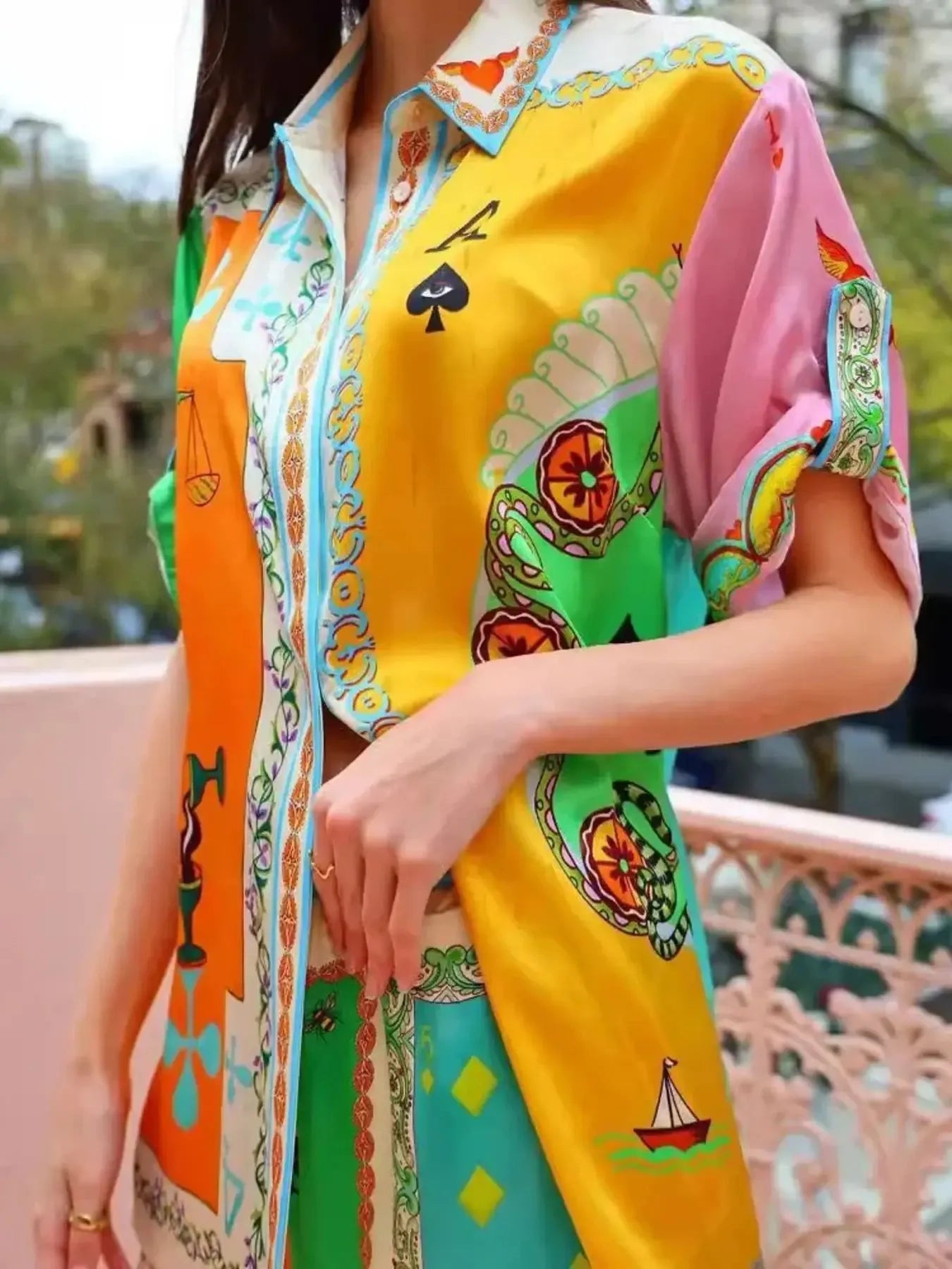 Colorful Print Shirt and Pants Two-Piece Set OutfitFlow
