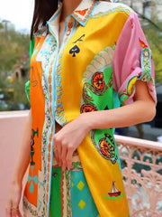 Colorful Print Shirt and Pants Two-Piece Set OutfitFlow