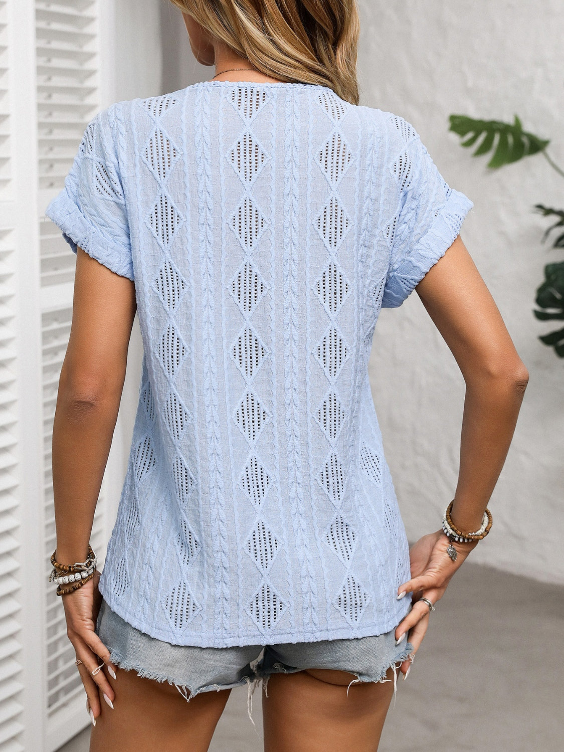 Openwork V-Neck Short Sleeve T-Shirt OutfitFlow