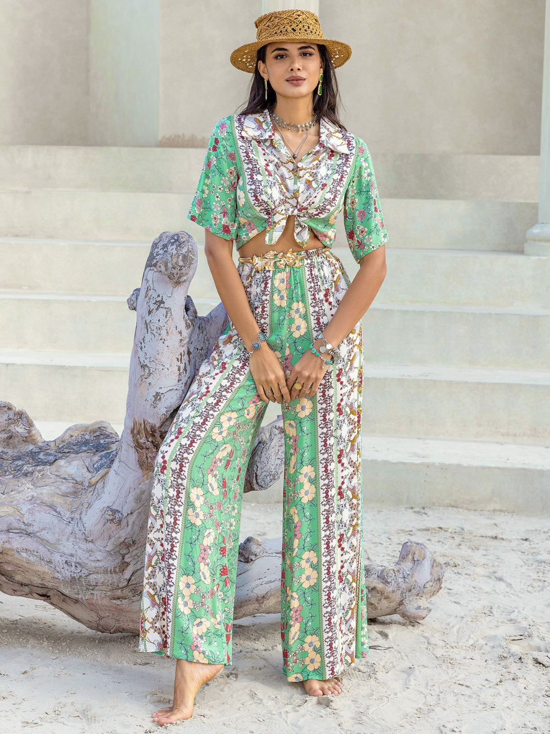 Outfit Flow - Printed Half Sleeve Top and Wide Leg Pants Set