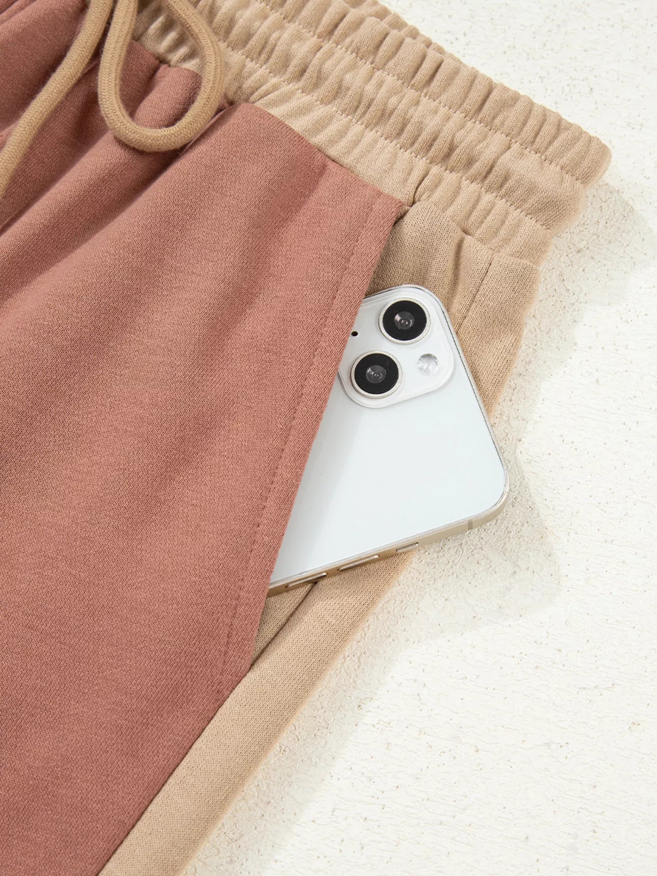 Color Block Long Sleeve Crop Top Drawstring Pant Set OutfitFlow