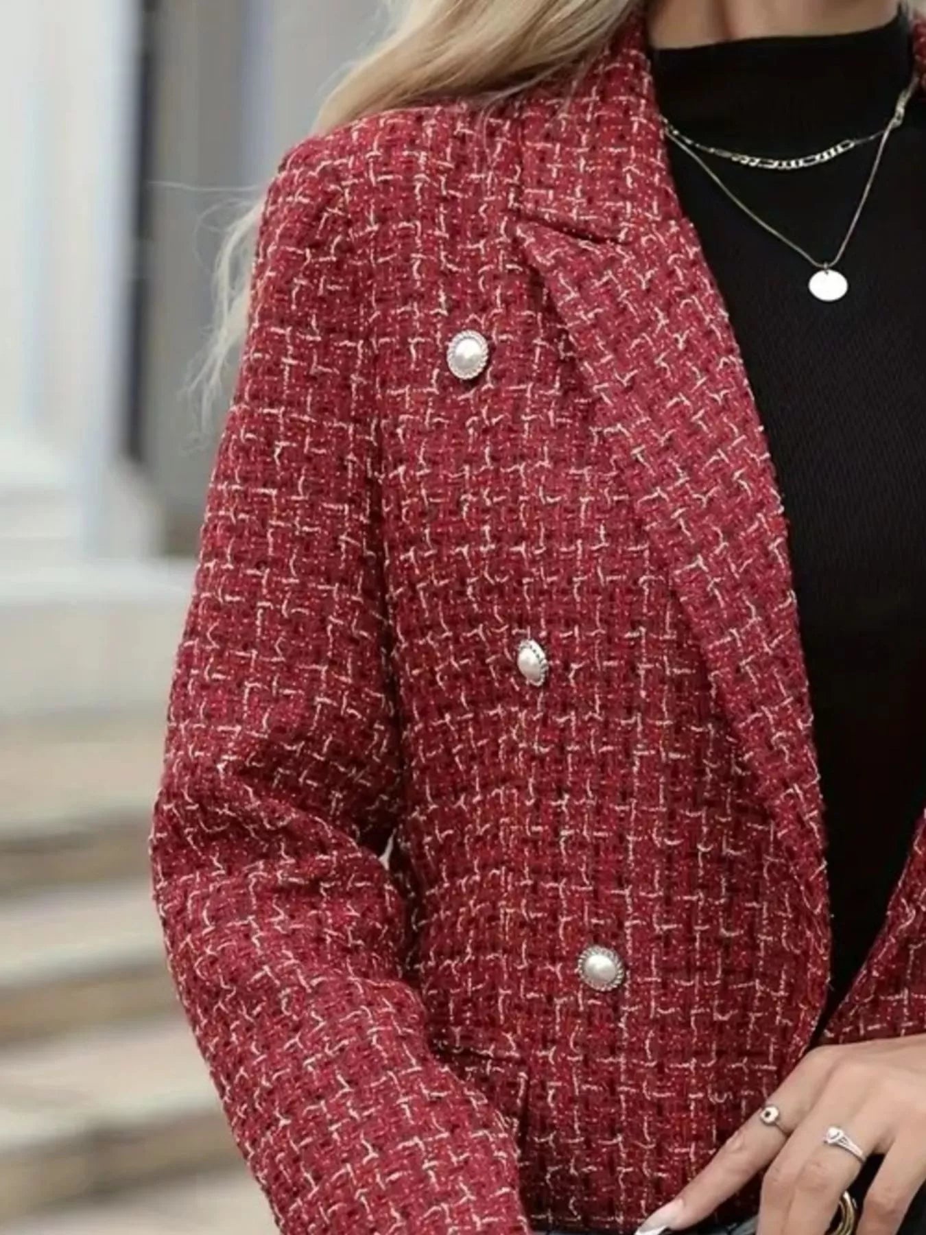Plaid Double-Breasted Tweed Blazer Trendsi