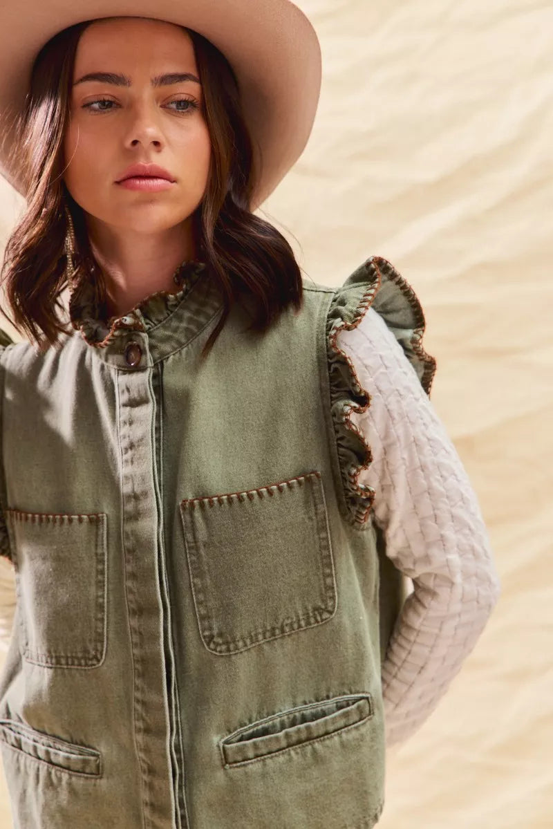SO ME Washed Denim Stitch Ruffled Hidden Button Vest Top OutfitFlow