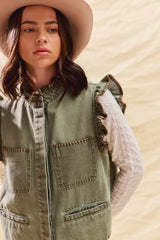 SO ME Washed Denim Stitch Ruffled Hidden Button Vest Top OutfitFlow