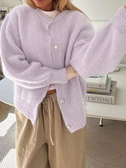 Button-Front Round Neck Cardigan OutfitFlow