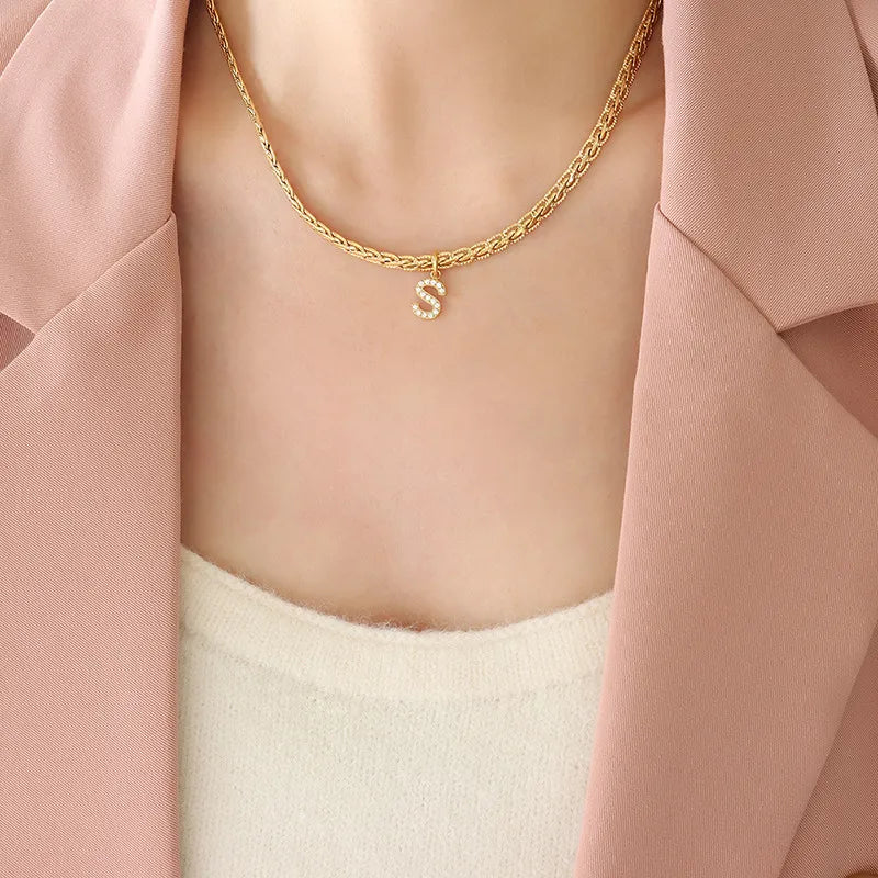 Brass Inlaid Zircon Letter Pendant Necklace Style S One Size OutfitFlow