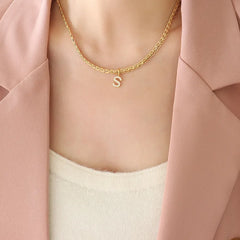 Brass Inlaid Zircon Letter Pendant Necklace Style S One Size OutfitFlow