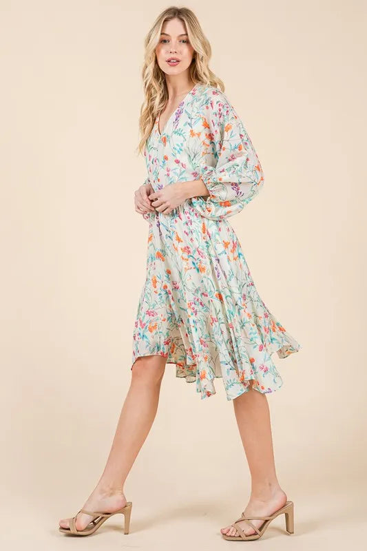 Lime 'N' Chili Floral Cinched Waist Balloon Sleeve V-Neck Dress OutfitFlow