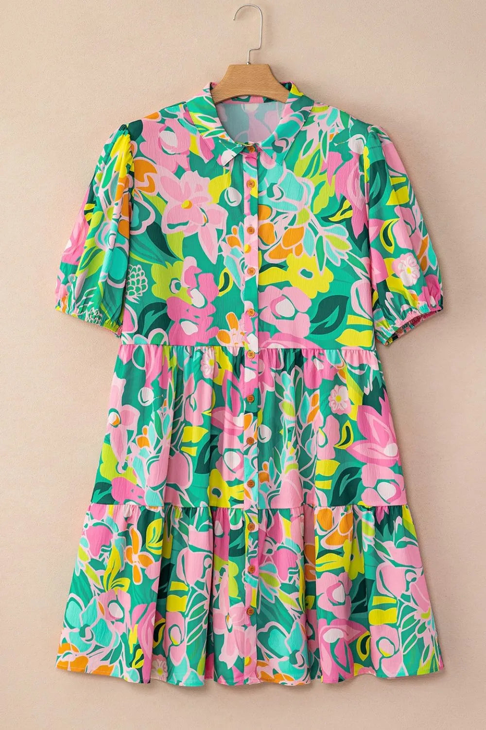 Button Down Floral Puff Sleeve Babydoll Dress OutfitFlow