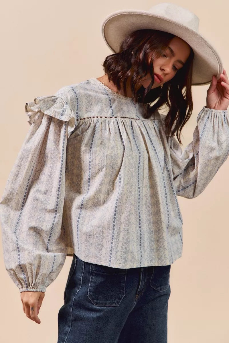 SO ME Floral Cotton Print Ruffled Long Sleeve Blouse OutfitFlow