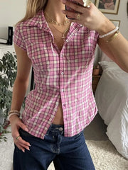 Plaid Cap Sleeve Button-Up Shirt OutfitFlow