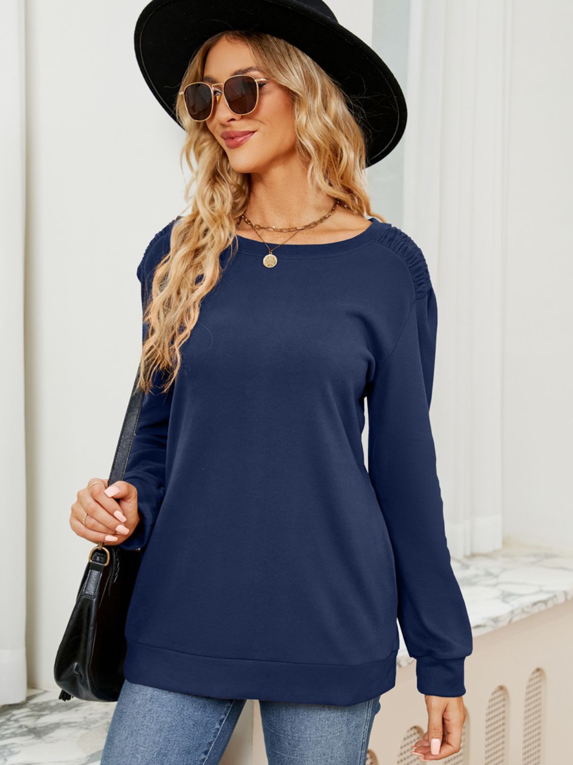 Outfit Flow - Ruched Shoulder Round Neck Long Sleeve Sweatshirt