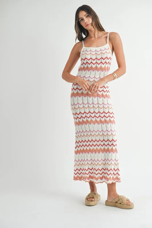 MABLE Lightweight Pointelle Chevron Knit Maxi Dress OutfitFlow