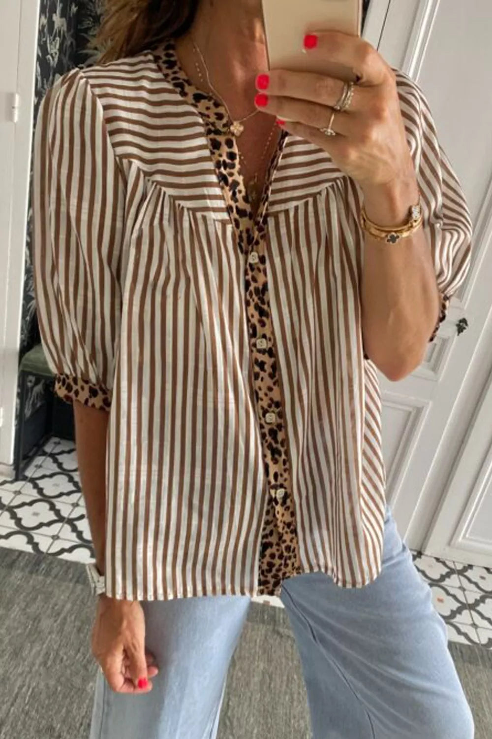 Striped Leopard Trim Button-Down Shirt Brown OutfitFlow