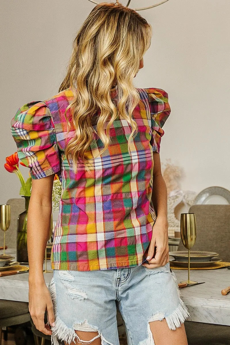 BiBi Short Puff Sleeve Washed Vintage Plaid Top OutfitFlow