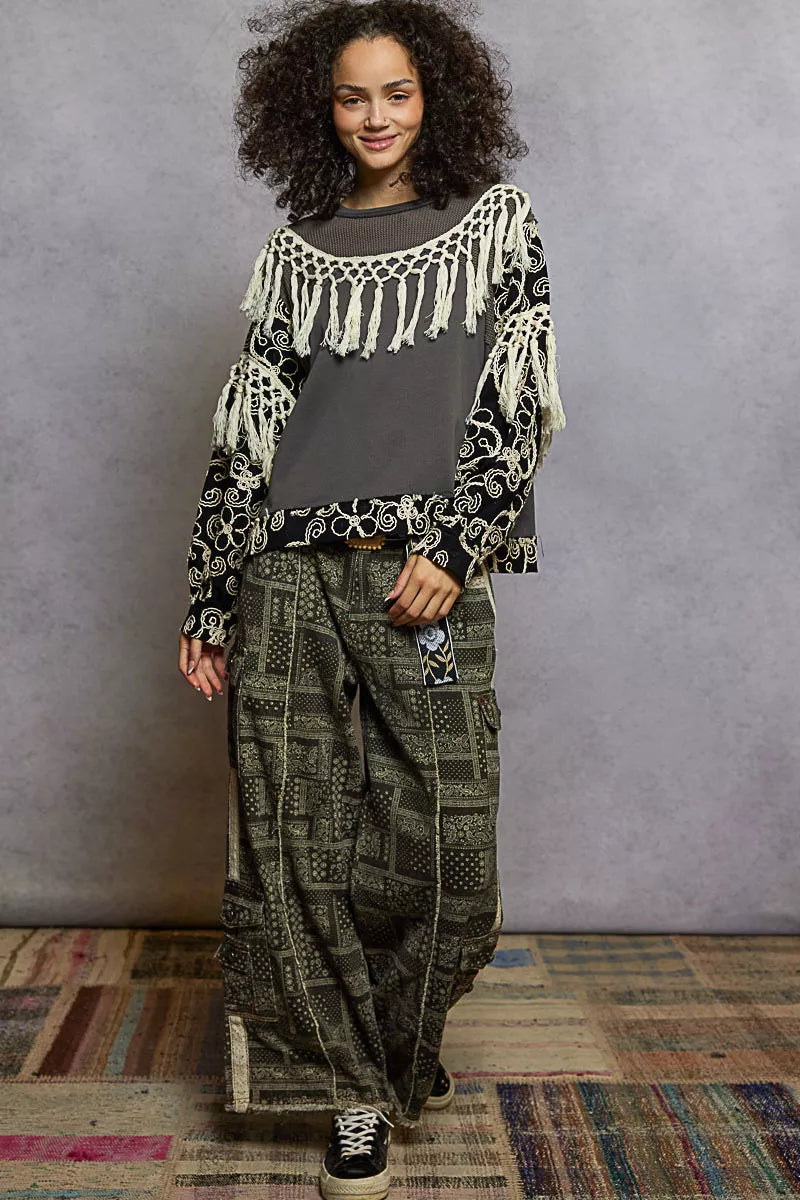 POL Contrast Floral Embroidery Balloon Sleeve Top with Tassel Trim OutfitFlow