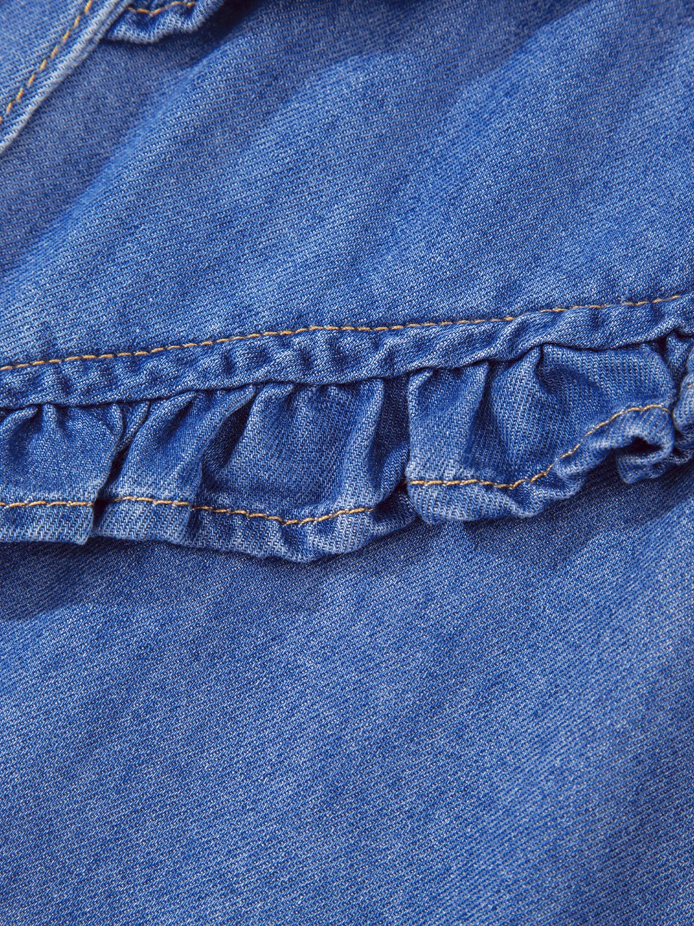Mineral Wash Cap Sleeve Frilled Button Up Denim Shirt OutfitFlow