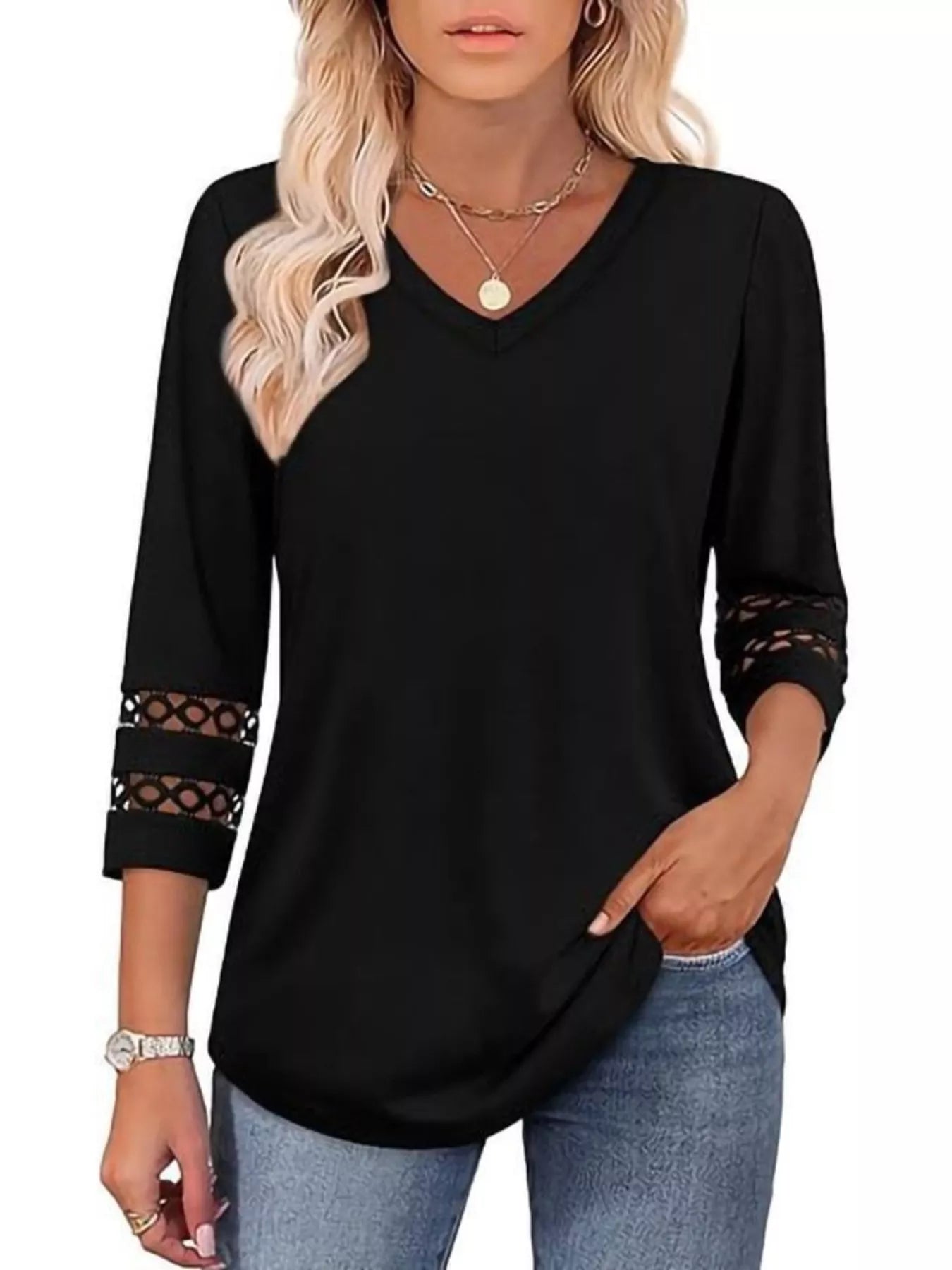 Full Size V-Neck 3/4 Sleeve T-Shirt Plus Size OutfitFlow