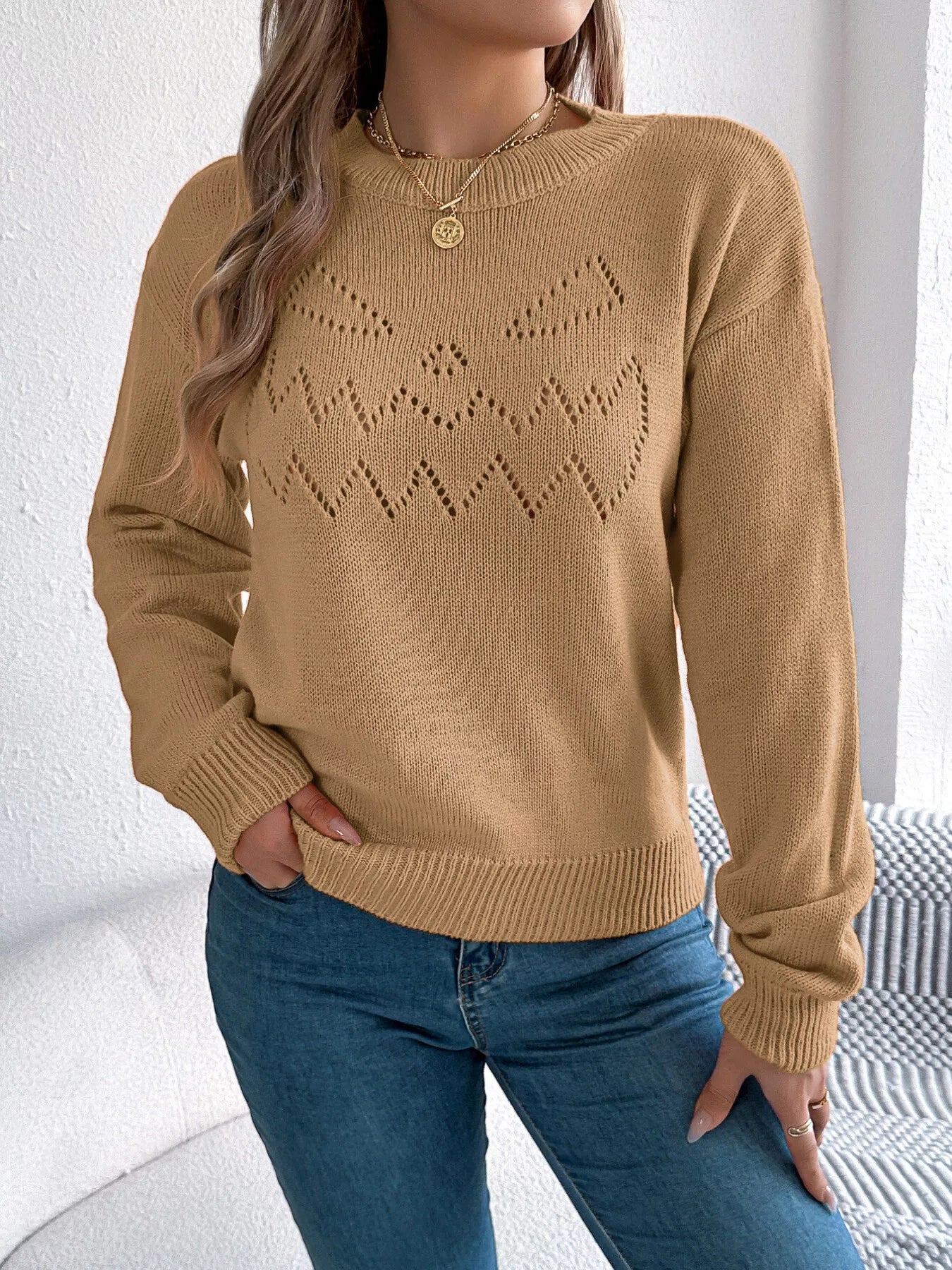 Openwork Round Neck Long Sleeve Sweater OutfitFlow