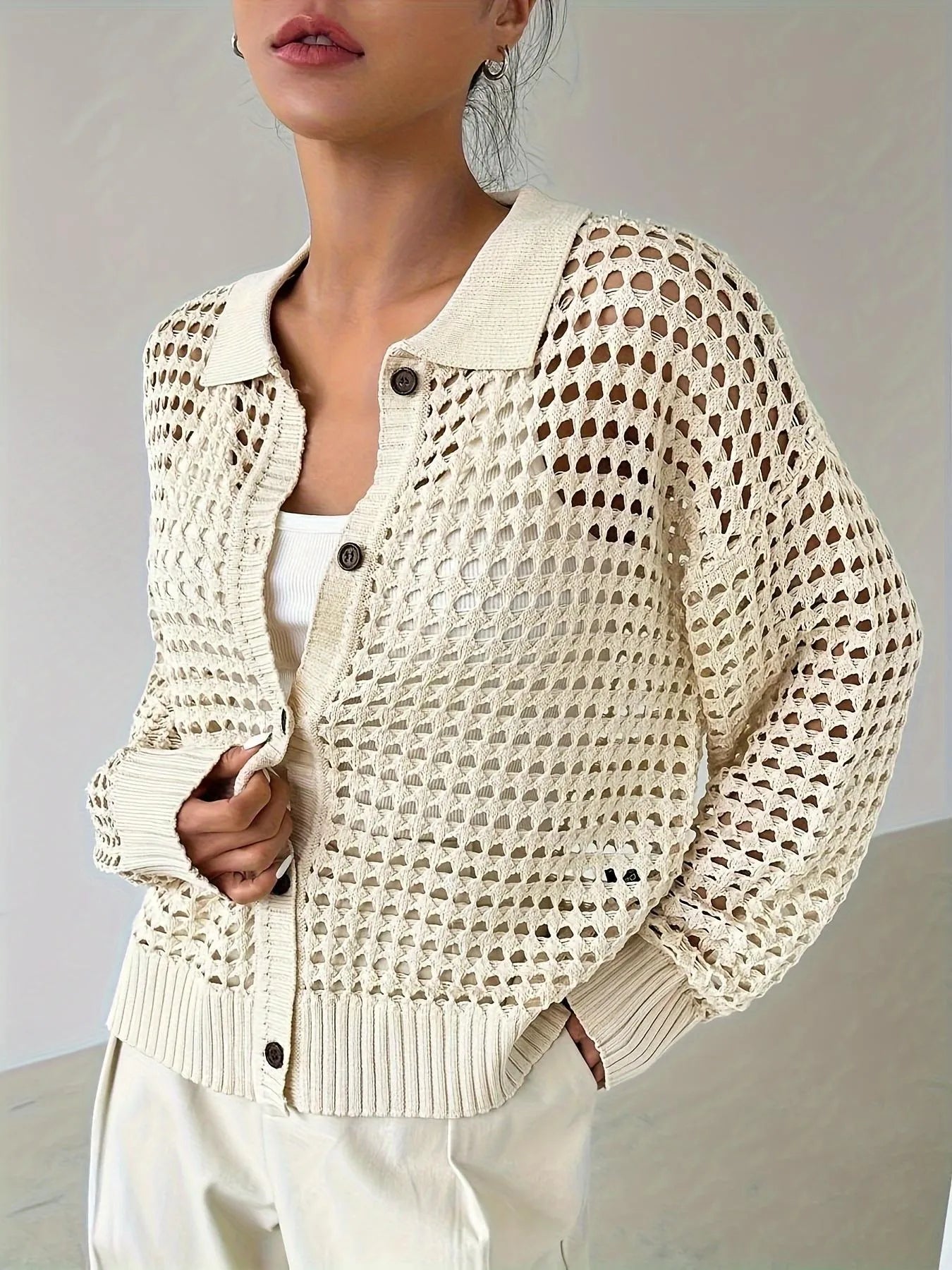Hollow Out Knit Button Front Cardigan OutfitFlow