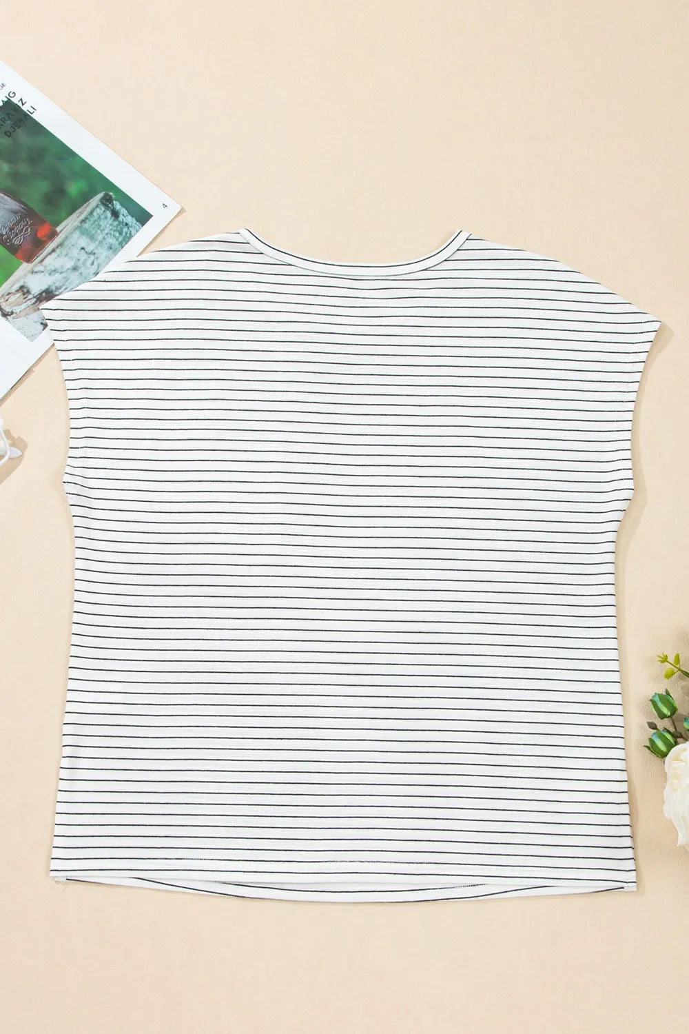 Stripe Cap Sleeve Crew Neck Casual Tee with Chest Pocket OutfitFlow