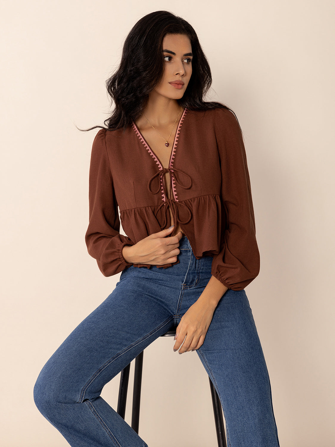 Peplum Tied V-Neck Long Sleeve Blouse OutfitFlow