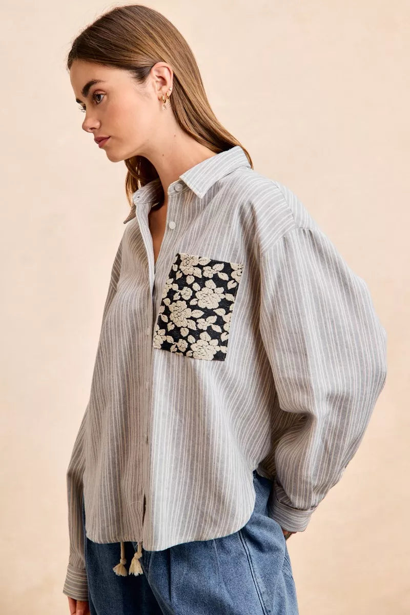 BiBi Flower Jacquard Knit Patch Pocket Stripe Shirt OutfitFlow