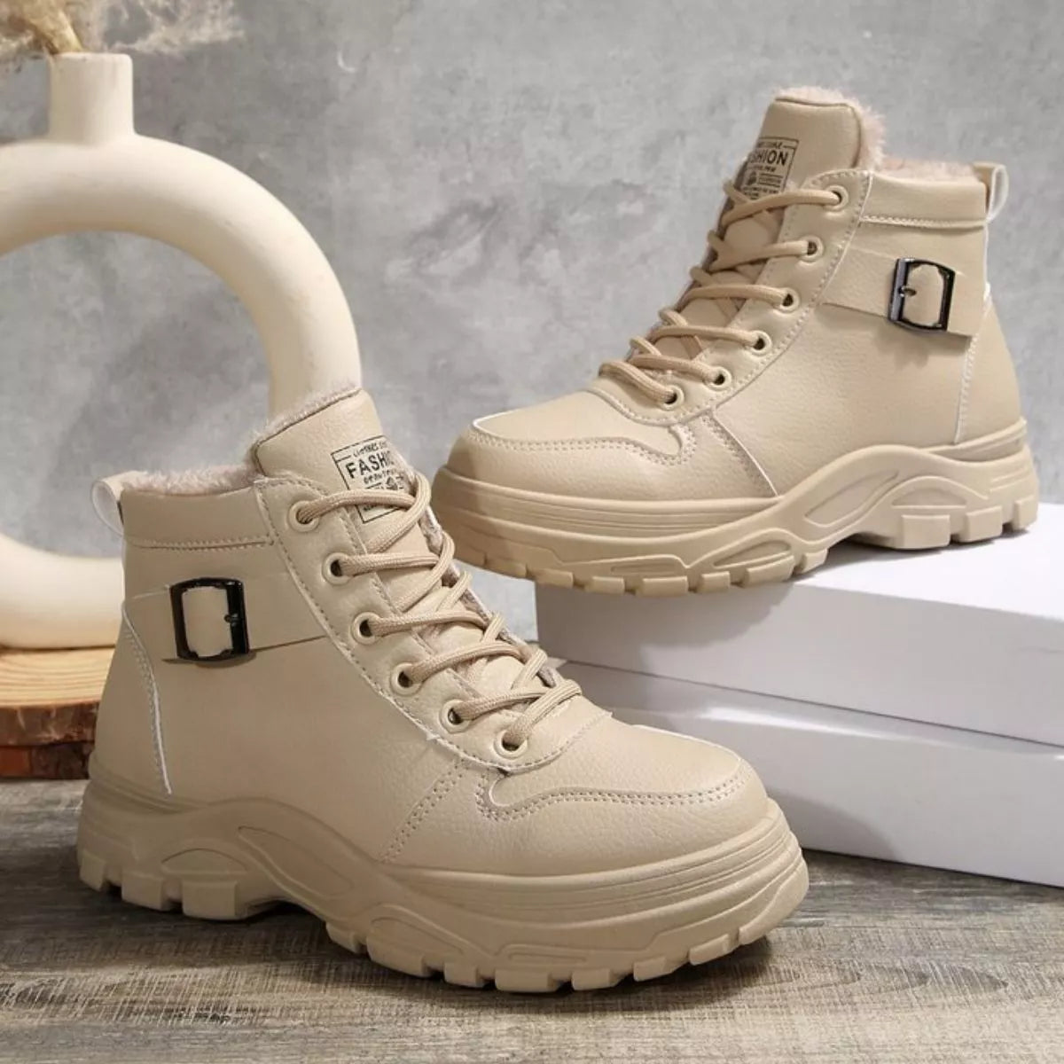 Warm Lined Ankle Boots with Buckle Detail Trendsi