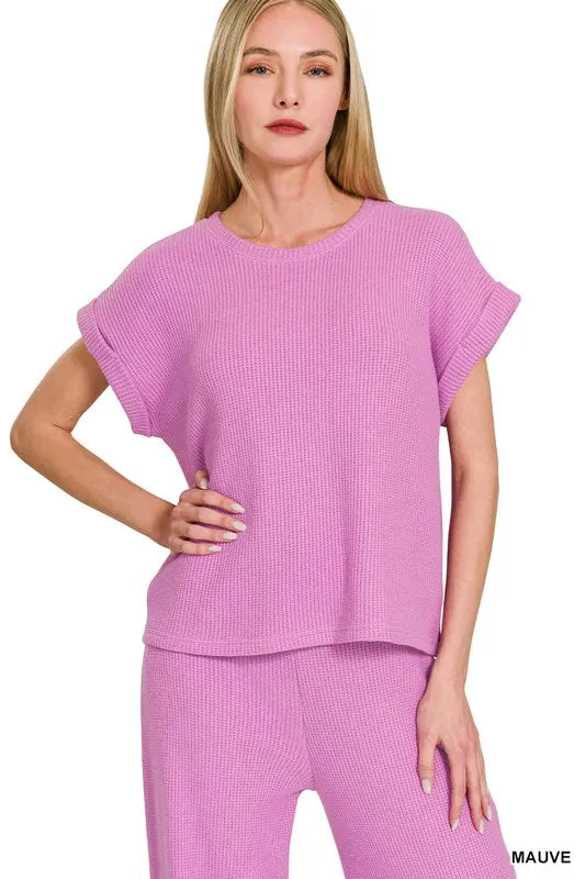Zenana Rolled Sleeve Top and Pants Sweater Set OutfitFlow