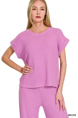 Zenana Rolled Sleeve Top and Pants Sweater Set OutfitFlow