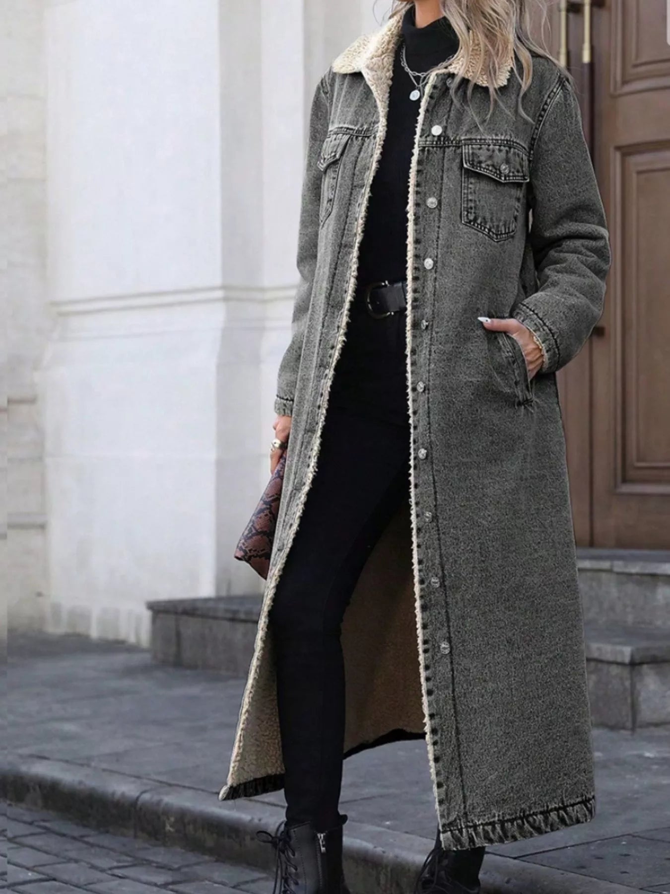 Sherpa Lined Longline Denim Jacket OutfitFlow