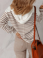 Striped V-Neck Long Sleeve Knit Hoodie OutfitFlow