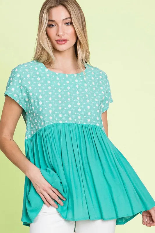 Lime 'N' Chili Full Size Embroidered Short Sleeve Pleated Babydoll Top Plus Size OutfitFlow