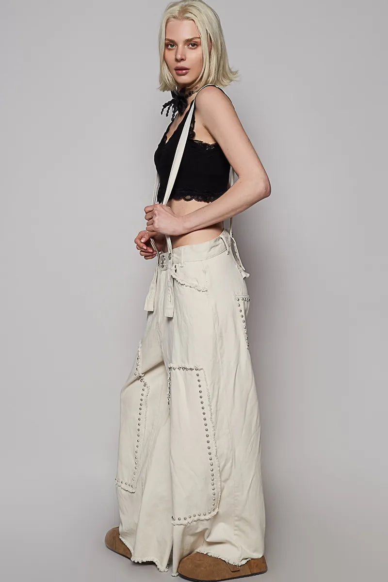 POL Raw Hem Studded Knee Patches Cargo Overalls OutfitFlow