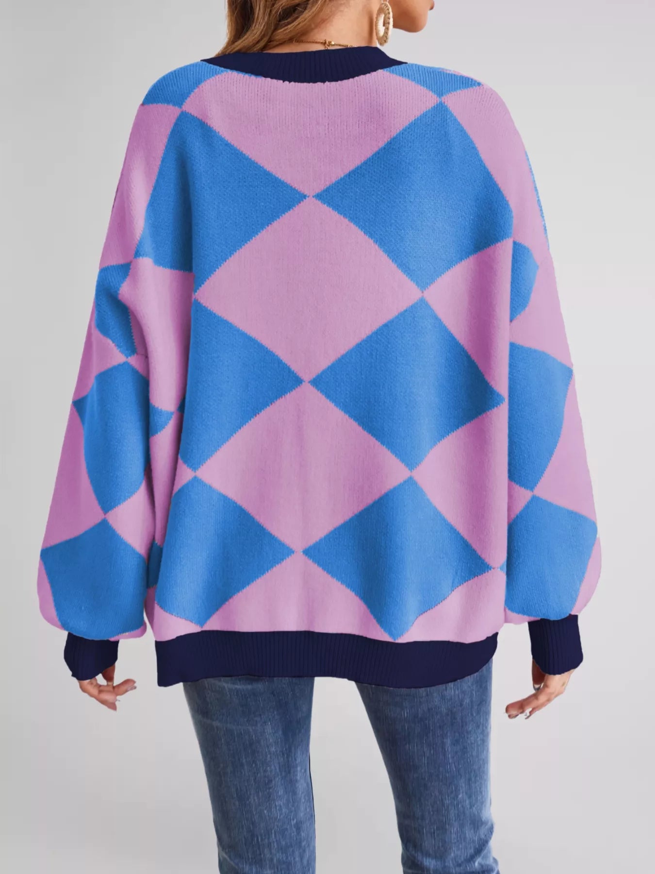 Diamond Pattern Button-Up Knit Cardigan OutfitFlow