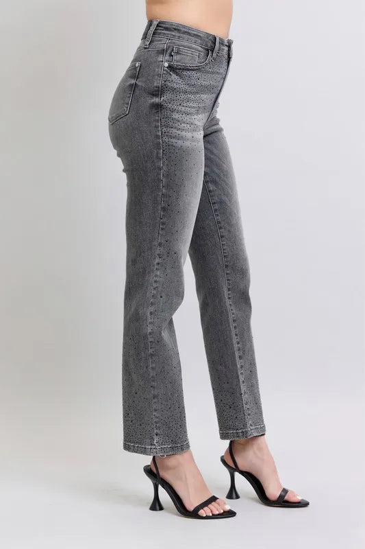 Judy Blue Full Size High Waist Rhinestone Straight Jeans Plus Size OutfitFlow
