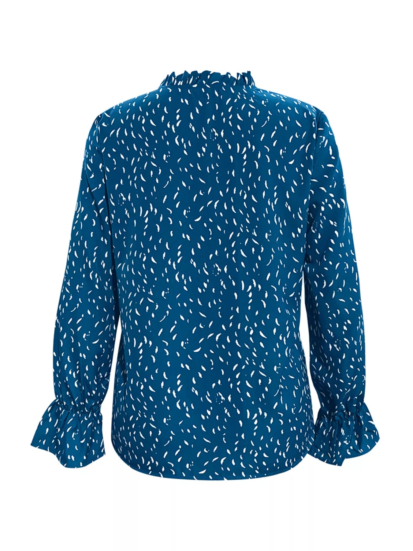 Ruffled Printed Tie Neck Long Sleeve Blouse OutfitFlow