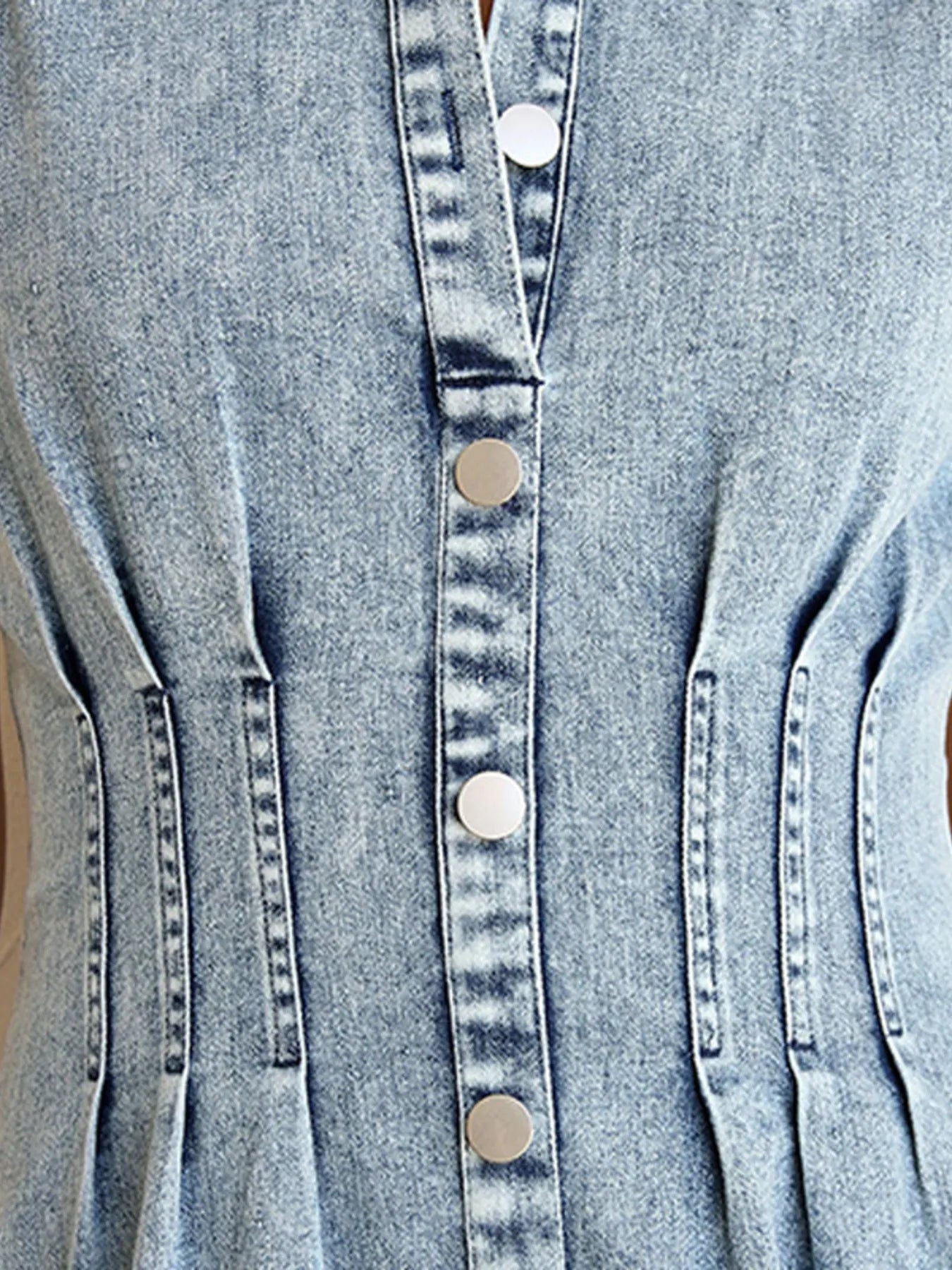 Puff Sleeve Button Front Denim Midi Dress OutfitFlow