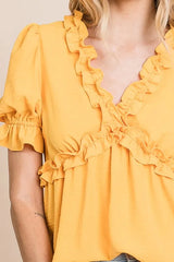 Lime 'N' Chili Solid Ruffled Deep V-Neck Puff Sleeve Babydoll Top OutfitFlow