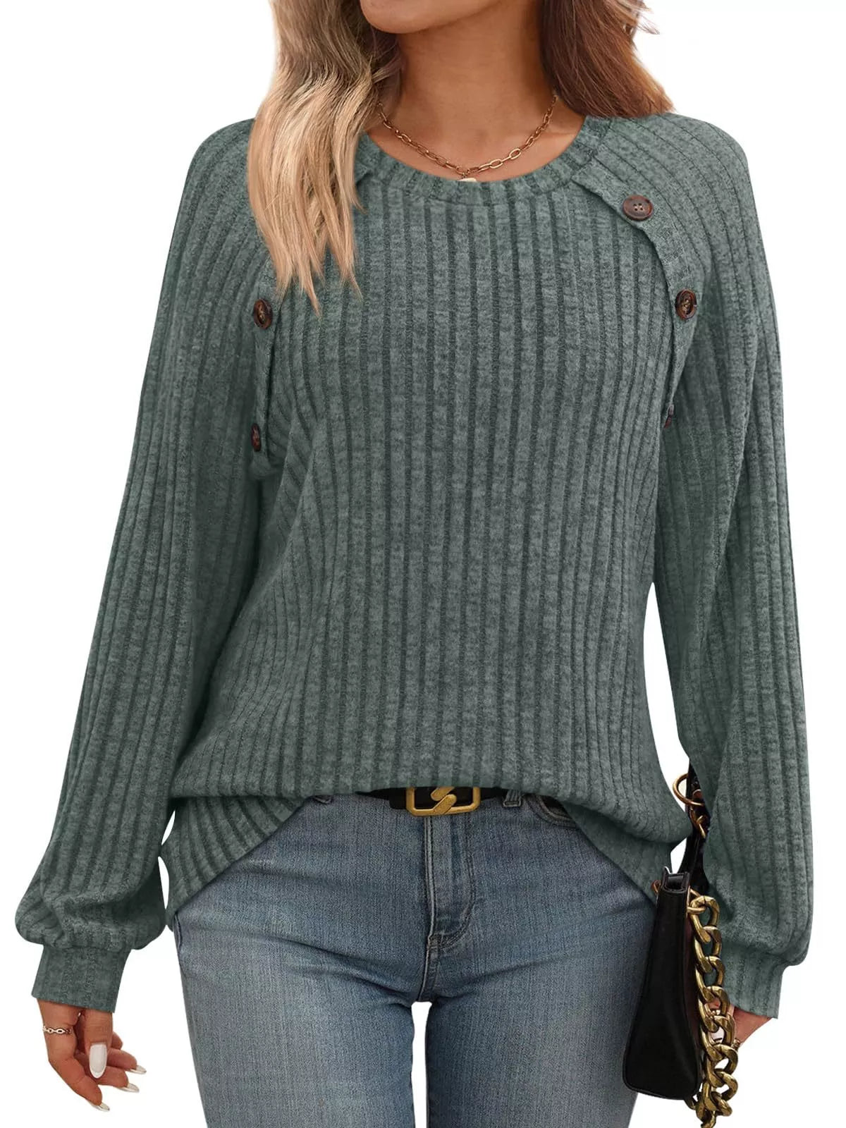 Ribbed Knit Decor Button Long Sleeve T-Shirt Olive OutfitFlow