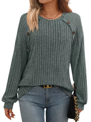 Ribbed Knit Decor Button Long Sleeve T-Shirt Olive OutfitFlow
