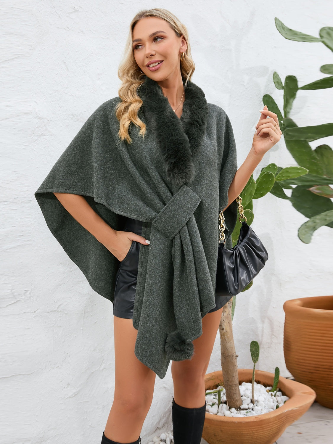 Outfit Flow - Fuzzy Trim Open Front Poncho