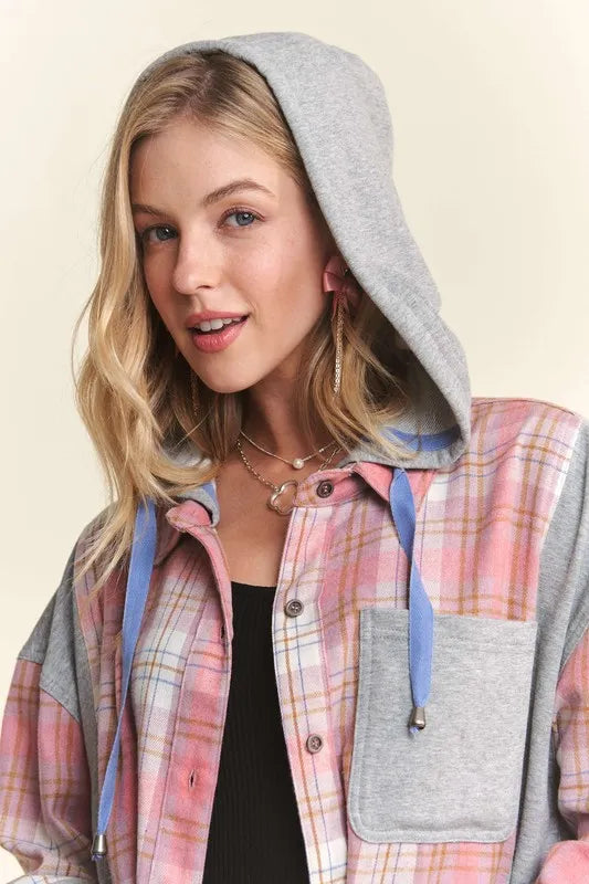 ADORA Button Down Plaid Hoodie Shacket OutfitFlow