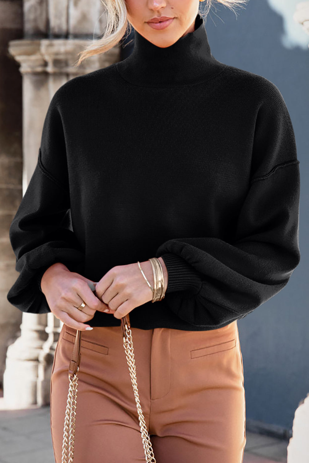 Outfit Flow - Mock Neck Dropped Shoulder Sweater