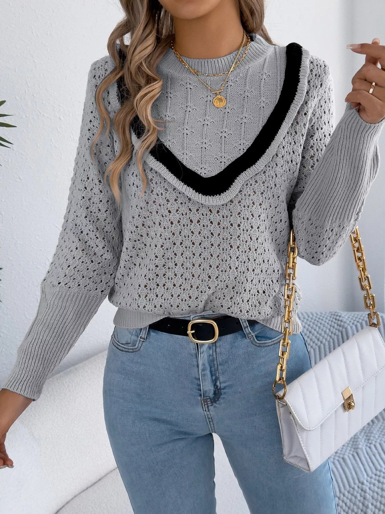Hollow-Out Knit Top with Contrast Trim OutfitFlow